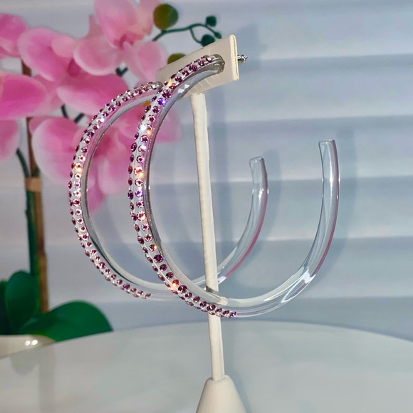 Large Oversized Clear Acrylic Hoop Earrings with Pink Swarovski Crystals - Picture 5 of 14